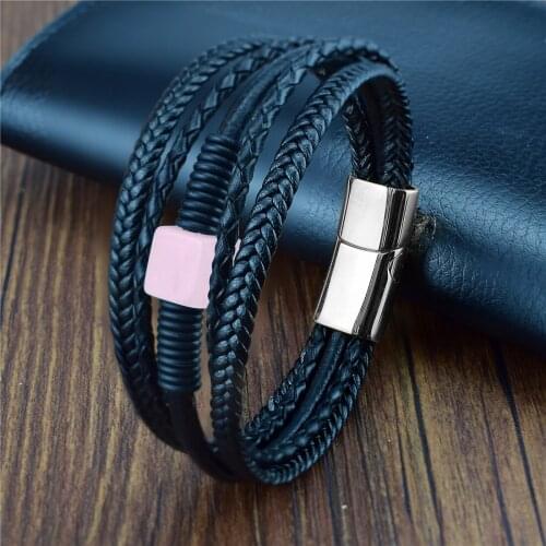 Boho Jewelry Beads Leather Charm Bracelet for Women Stainless Steel Natural Pink Crystal Stone Square Beads Bracelet Bangle Gift