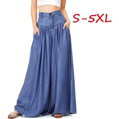 Streetwear summer boho womens pants female high waist denim pleated wide leg pants for women trousers woman Plus size 5XL