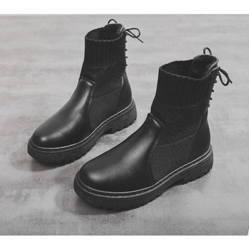 Black Leather Women Boots Vogue Ankle Boots Warm Plush Winter Ankle Boots Work Shoes Round Toe Lace-Up Women Shoes Plus Size