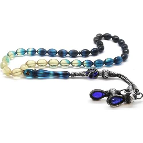 Tesbihane 1000 Sterling Silver Kazaz Tassels Barley Cut Cottage Blue Fire Amber Prayer Beads