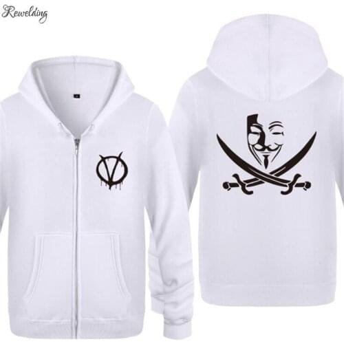 Mens Hoodies Movie V for Vendetta Print Men Hoodie Zipper Jacket Coat Fleece Full Sleeve Mens Skate Sweatshirt Hip Hop Moletom