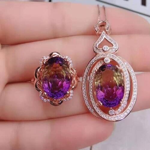 Gradient Amethyst S925 Sterling Silver Ring Pendant Necklace Set elegant and luxurious