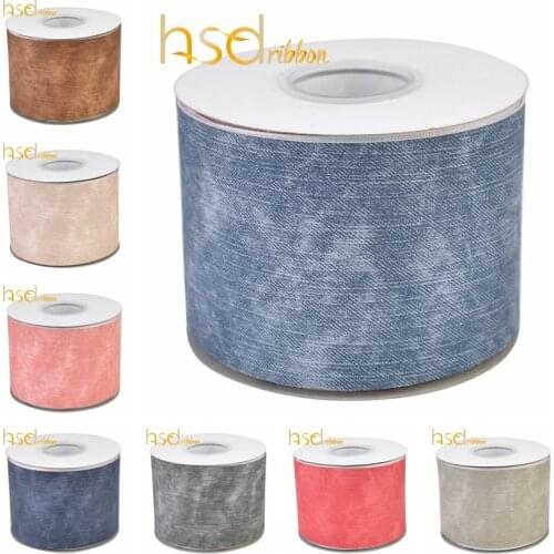 HSDRibbon 3" 75mm denim cowboy Leather Fabric Ribbon 20Yards/Roll