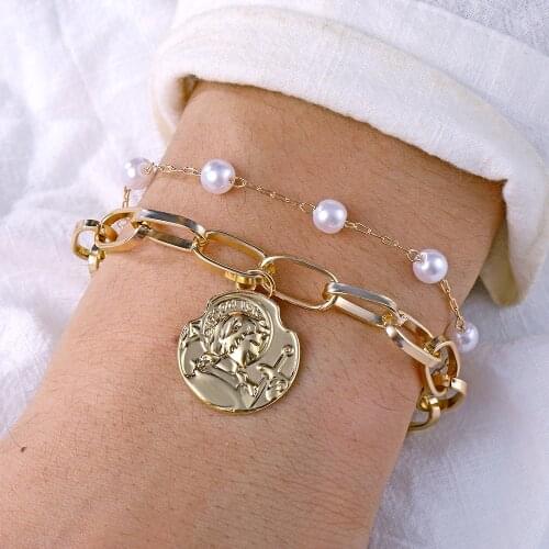 IPARAM Vintage Alloy Layered Thick Chain Bracelet Bohemian Pearl Coin Charm Bracelet Women Fashion Pendant Bracelet Jewelry 2020
