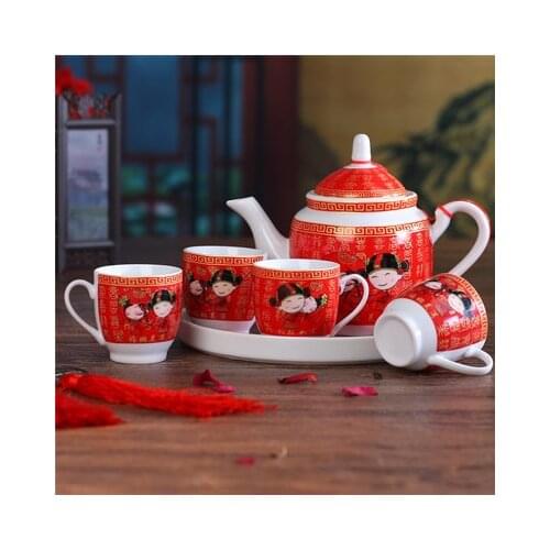 Ceramics Tea Set Creative Wedding Teapot Love Each Other Red Wedding Gift Tea Cup Cold Water Bottle Gift Kung Fu Porcelain Set