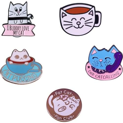Lazy cat enamel brooch coffee cup badge cartoon animal jewelry friend gift