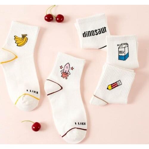 Kawaii Women Socks Funny Cute Cartoon dinosaur milk banana pencil letter socks Happy Japanese skateboard cotton Socks Harajuku