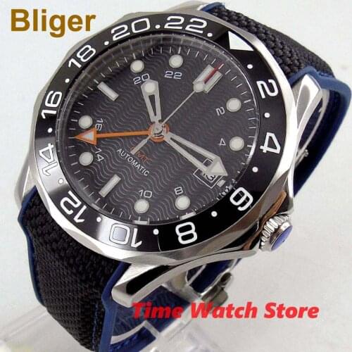 Bliger 41mm GMT 3804 Automatic watch men waterproof black dial rubber canvas bracelet ceramic Bezel luminous sapphire glass