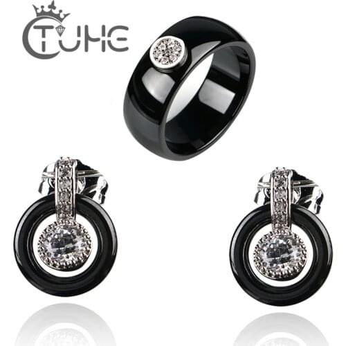 Fashion Russian Ceramic Jewelry Set Plus 1.0 Carat Rhinestone 8mm Width Ceramic Ring Stud Earring Jewelry Set Women Wedding Gift
