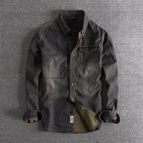 Japanese Harajuku Retro Rinse Denim Shirt for Men Urban Boys Casual Streetwear Vintage Distressed Button Down