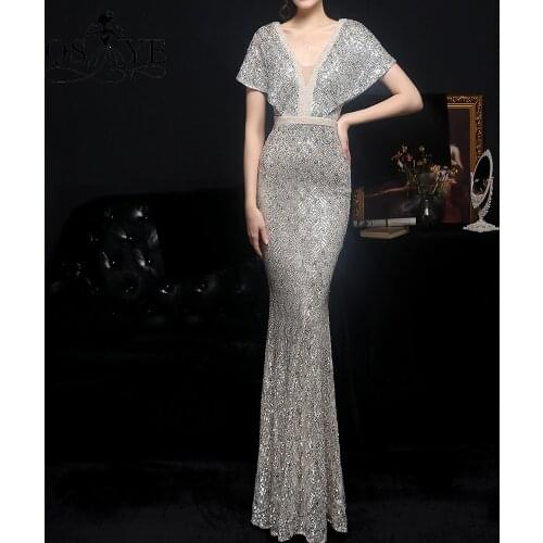 Short Sleeves Silver Evening Dresses Mermaid Bead Belt Evening Gown V Neck Glitter Party Dress Bat Sleeves Elegant Formal Gown