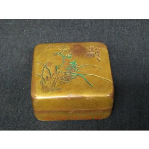 YIZHU CULTUER ART Collection Old China Bronze Ink Box Or Jewelry Box Carving Orchid Calligraphy