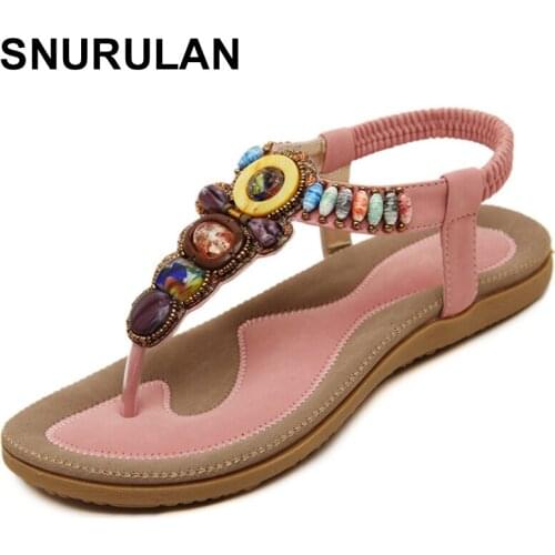 SNURULANSummer new woman sandals fashion Bohemia flat sandals beaded large size casual comfortable soft bottom women shoes E466