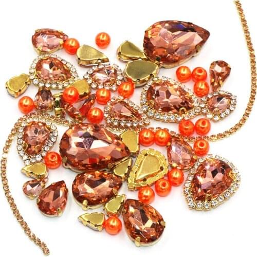Wedding Decoration gold base Water red Mix size Glass Crystal Stones Pearl Beads Cup Chain Rim Rhinestones Sew On Clothing/Dress