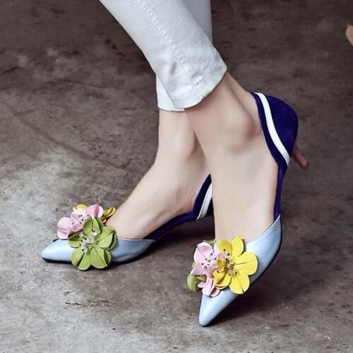 2016 suede flowers spell color thin high heels pointed closed toe PU leather shoes women designer fashion elegant simple shoes
