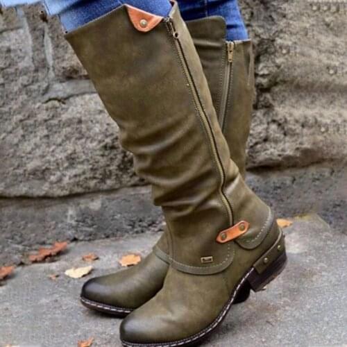 MCCKLE Womens Mid Calf Boots Vintage British PU Leather Shoes Woman Low Heel Zip Sewing Ladies Fashion Retro Long Boots Women