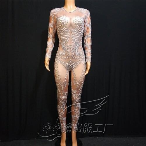 Women New Sexy Shining Pearls Sexy Jumpsuit Birthday Party Leggings Outfit Female Singer Dancer Costume Nightclub Wear Jumpsuit