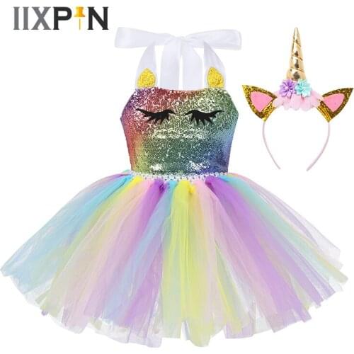Girls Colorful Halter Neck Shiny Sequins Cartoon Mesh Tutu Dress with Hair Hoop Set for Carnival Cosplay Party Costume Dress Up