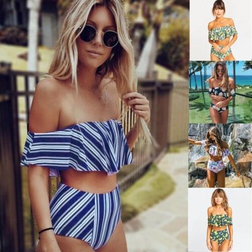 2019 Sexy Ruffle Bikini Set High Waist Swimsuit Swimwear Women Striped Biquini Swim Wear Bathing Suit Off Shoulder Bikinis S-XL