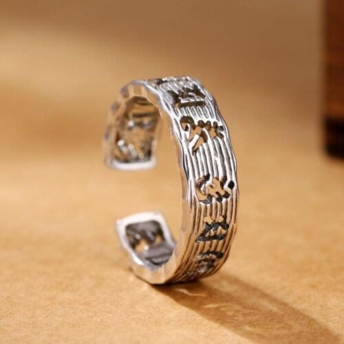 925 Sterling Silver Retro Hollow Six-Word Mantra Ring Hot Opening Adjustable Ring Silver Jewelry For Men And Women