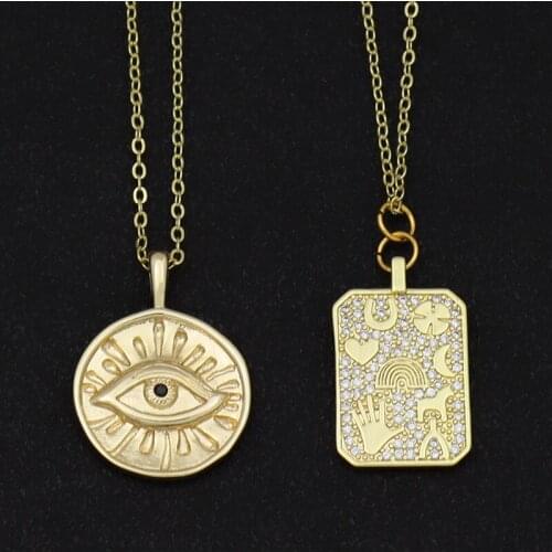 Gold Circle Coin Evil Eye Pendant Necklace Men Women Cheap Turkish Jewelry Geometric Necklace Zirconia ojo malvado turco