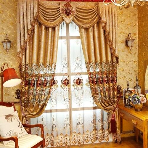Gold Jacquard Curtain for Bedroom Embroidered Luxury European Thermal Insulated Baroque Patio Waterfall Valance Swag Drapes