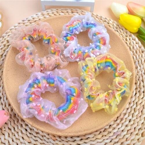 2PCS/Set Women Transparent Rainbow Hair Bands Tie Ring Girls Elastic Mesh Ponytail Holder Scrunchie Headwear Hair Accessories