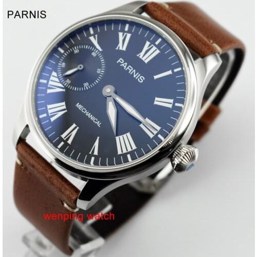 44mm Parnis green luminous Anti-blue glass Roman numerals mechanical hand winding 6497 mens watch E2401