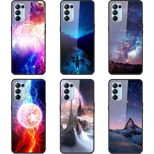 Case OPPO Reno 5 5G Phone Case Back Cover Black Silicone Bumper With Tempered Glass Star Sky Pattern