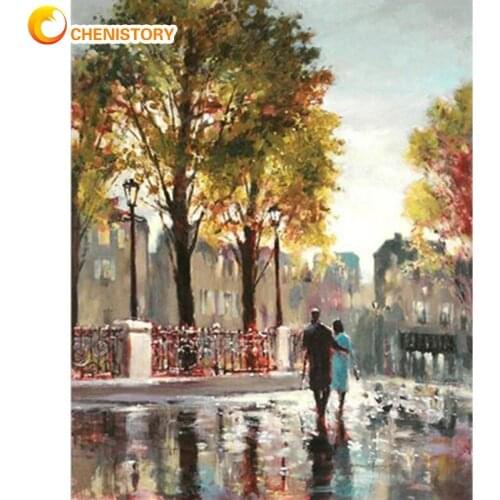 CHENISTORY Painting By Numbers Lovers Walk In Rain Landscape Oil Paint Kits Handmade 60x75cm Frame Home Decoration Wall Photos