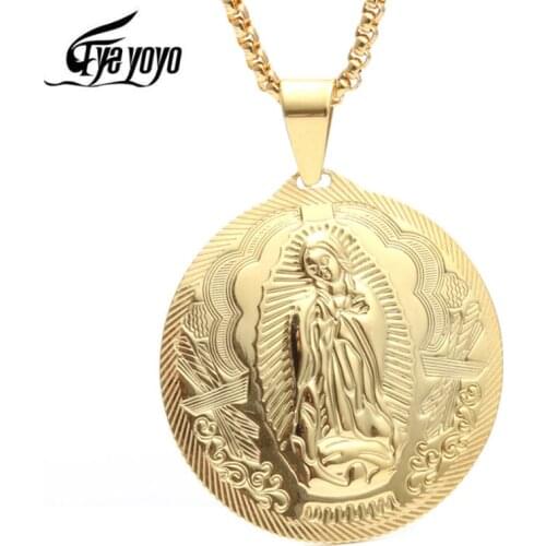 Eyeyoyo Mens Necklaces Virgin Mary Maria Miraculous Medal Gold color Stainless Steel Fashion Religion Jewelry