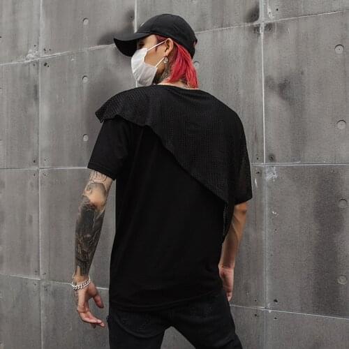 Men hollow out irregular mesh patchwork hip hop punk t shirt Japan vintage streetwear male nightclub singer stage tees costume