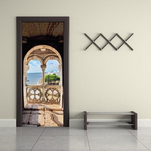 Arched Sea View Home Decoration Door Stickers Sunny Days Bedroom Living Room Bathroom Decoration Door Decals Waterproof Wall Art