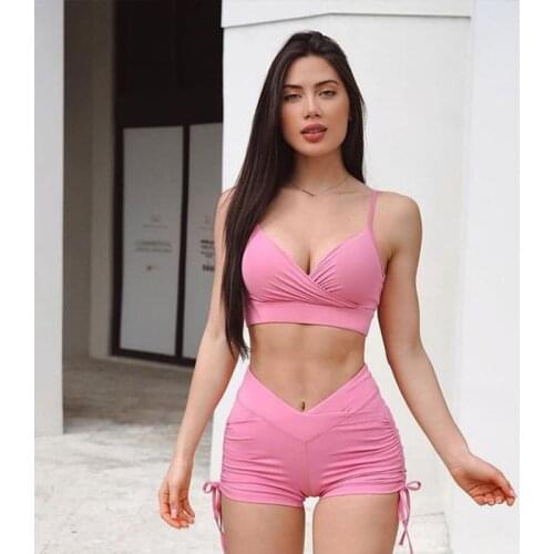 2021 Sling Yoga Set High Waist Shorts Sportswear Knot Two Piece Suit Female Backless Sport Suit Gym Clothes Folds Sets