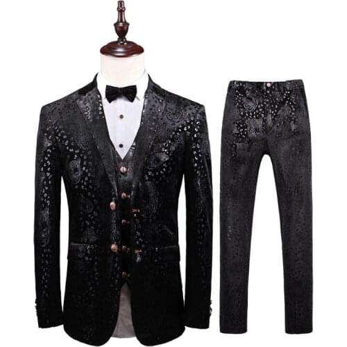 Jacket+Vest+Pants) Luxury Brand Banquet High-end Fashion Flower Printed Best man Wedding Dress Mens Casual Slim Suit 3 PCS