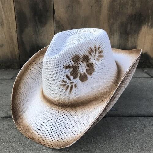 Fashion Women Straw Hollow Western Cowboy Hat Elegant Lady Flower Sombrero Hombre Hat Fascinator Sunbonnet Cowgirl Sun Hat