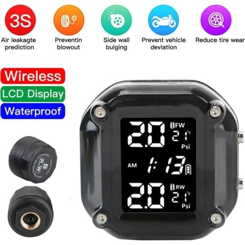 Motorcycle TPMS Tyre Temperature With 2 External Sensors Motor Tire Pressure Monitoring Alarm System LCD Display