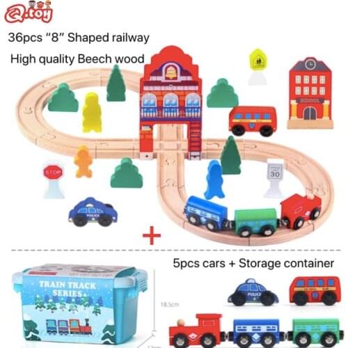 Train Toy Railway Beech Wood Tracks Set Toys DIY Wooden Tracks Train Set Toy Train Toys Railway Track + Gift Trucks Storage Box
