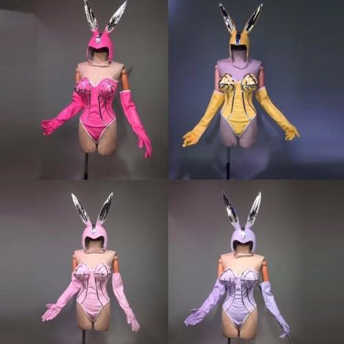 Stage Performance Costume Nightclub Bar DS Female Singer Dance Costume Party Halloween Outfits Rabbit Helmet Bodysuit DWY4093