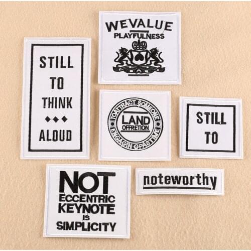 Black White Letters Patch Stylish Motto Badge Iron on Embroidered Appliques for Cap Backpack Jacket T Shirt Clothes Accessory