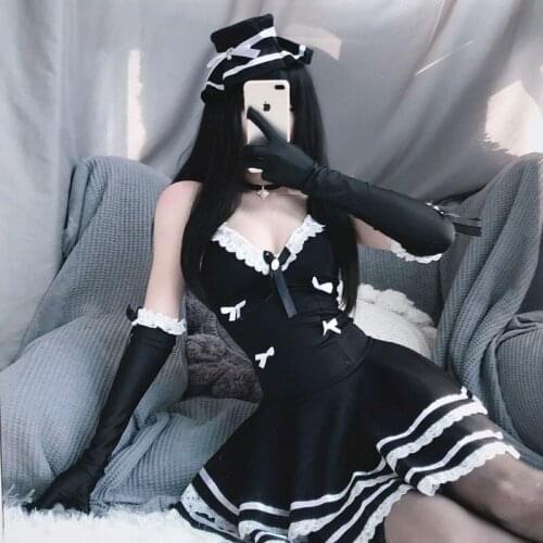 New Sexy Maid Cosplay Costumes Cute Black Dress Thong Anime School Girl Gothic Outfit With Hat and Glove For Woman