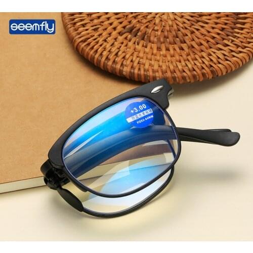 Seemfly TR90 Foldable Anti-blue Light Reading Glasses With Box Vintage Black Frame HD Lens Presbyopic Glasses Unisex +1.0to+4.0