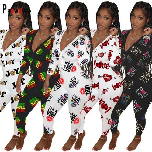 Prowow Spring Autumn Sexy Onesies for Adults Long Sleeve V-neck Fine Print Pajama Romper Women Jumpsuit Nightwear Home Wear