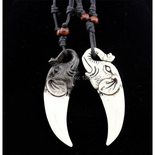 Cool Resin Carved Amulet Elephant Teeth Pendant Necklace for Men Womens Talisman Gift MN607