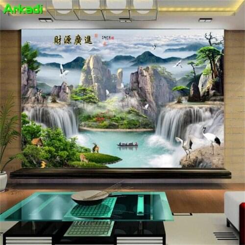 Custom 3D wallpaper Chinese style waterfall waterfall stereo green nature landscape photo wall decoration TV sofa background