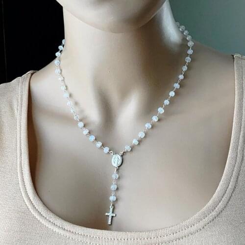 Silver Rainbow Moonstone Rosary, Gemstone Necklace