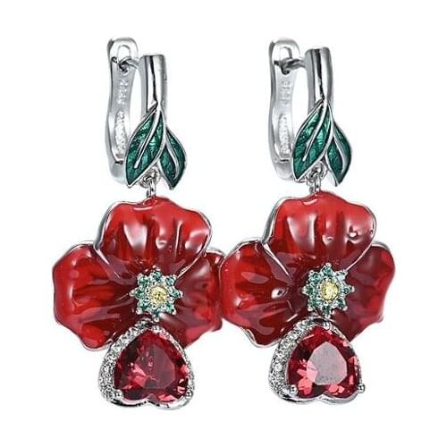 BLACK ANGEL Red Enamel Rose Flowers Clip Earrings For Women 925 Silver Ruby Gemstone Earrings Fashion Jewelry Wholesale