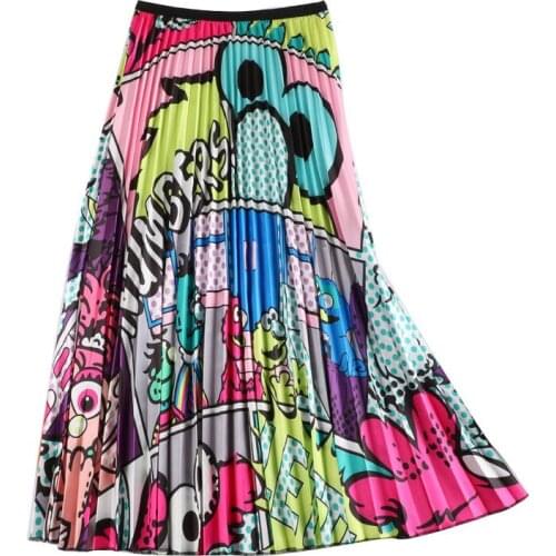 Cartoon Pleated Women Long Skirts High Waist A-Line Elastic Two Layer Skirt For Ladies 2019 Summer Casual Female Bottoms