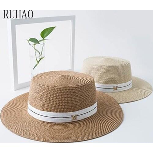 RUHAO Summer New M letter Retro Ribbon Braided Flat Head Straw Hat Lady Hepburn Wide-brim Sun Hat British Sunscreen Beach Hats