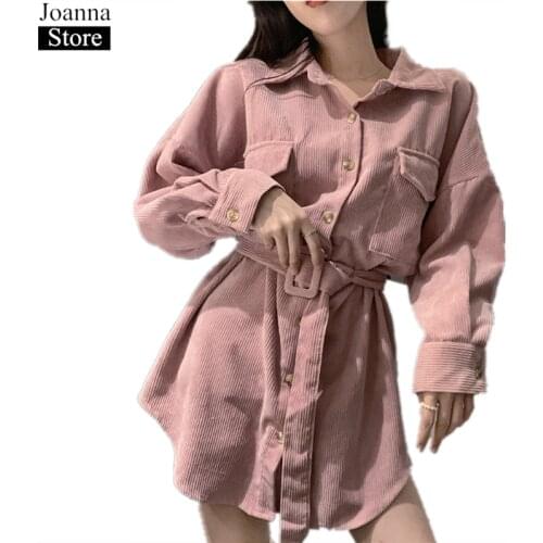 Autumn Corduroy Lapel Long Shirt Women Long Sleeve Sash Slim Single-Breasted Blouse Big Pockets Vintage Plus Size Pink Wild Tops